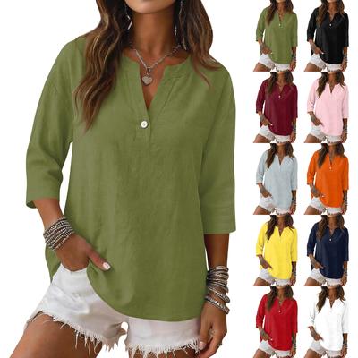 Women's Casual V Neck Button Three Quarter Sleeve Linen Cotton Blended Top Lightweight Loose Fit Blouse for Daily Wear