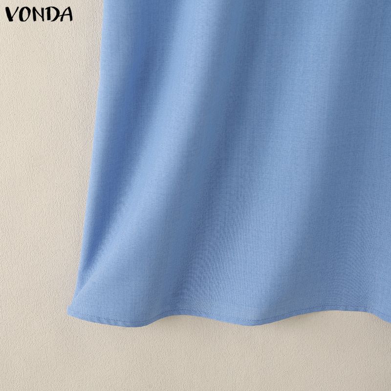 VONDA Summer Women O Neck Sleeveless Embroidery Casual Long Ruffled Tank Dress