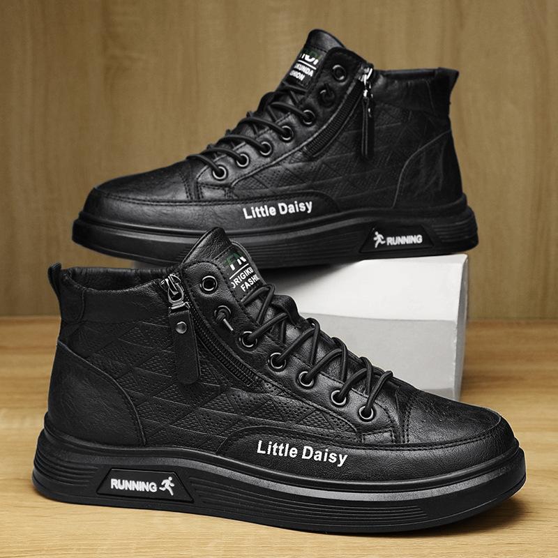 Men'S Shoes Autumn Leather Surface High-Top Board Shoes Lace-Free Zipper Fashionable Comfortable Breathable Men'S Shoes