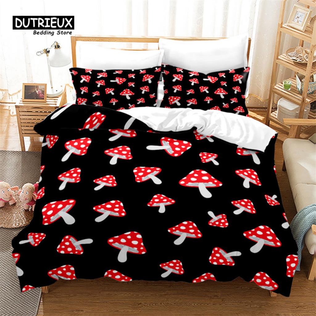 Svamp Påslakan Färgglatt Sött Tecknat Sängklädesset Twin Full King För Tonårspojkar Flicka Barn Kawaii Botanisk Växt Quiltöverdrag