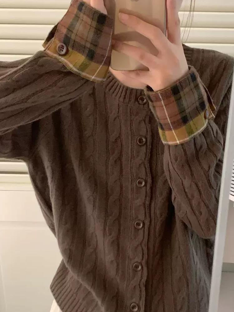 Korean Faux Two-Piece Plaid Patchwork Loose Wool Knit Cardigan for Women - Autumn/Winter High-End Sweater