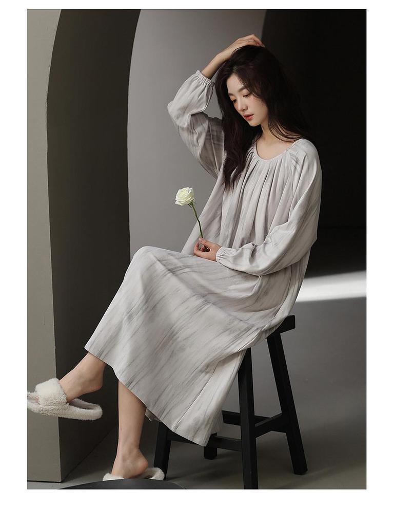 Caini Damska bawełniana koszula nocna z długim rękawem i wkładką na biust - Bardzo długa, luźny krój na wiosnę i jesień