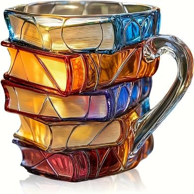 Hand-Painted Book Stack Design Coffee Mug - 7/14oz Stackable Glass Cup with Vibrant Blue, Orange, Red & Yellow Stained Glass Art