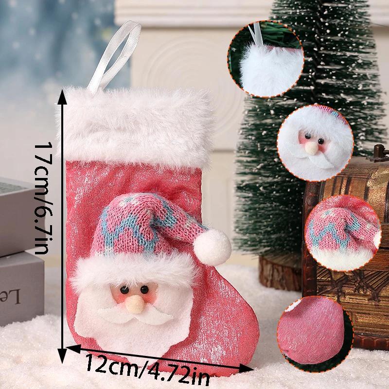1pc Blue/Pink Christmas Stocking, Stocking Decorated With Santa Claus, Snowman And Elk Head, Plush Stocking With A Cuff