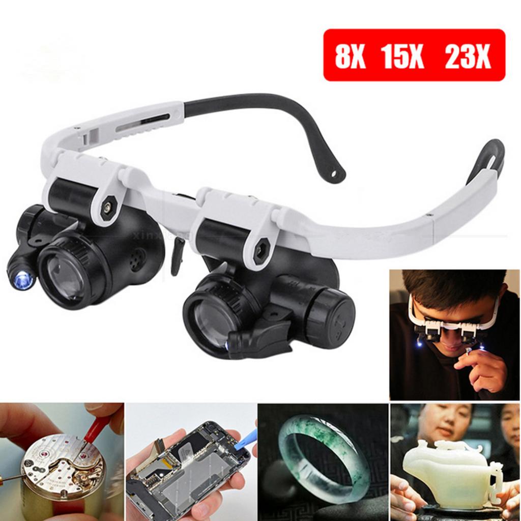 8X 15X 23X LED Magnifier Double Eye Glasses Head Eye Loupe Lens Jeweler Watch Repair Magnifier Glass Measurement Tools