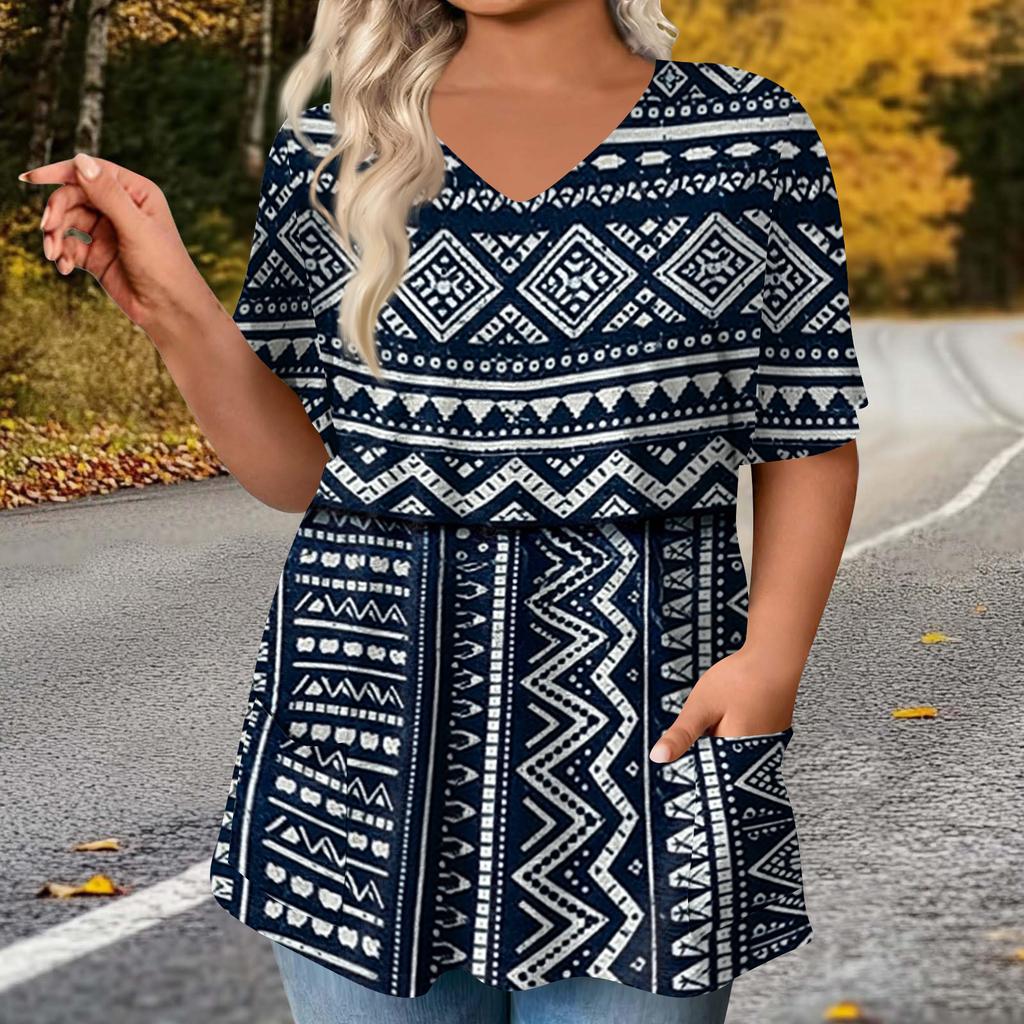 Women's Fashion Plus Size Printed Short Sleeve Blouse For Elegant Commuting And Casual Wear