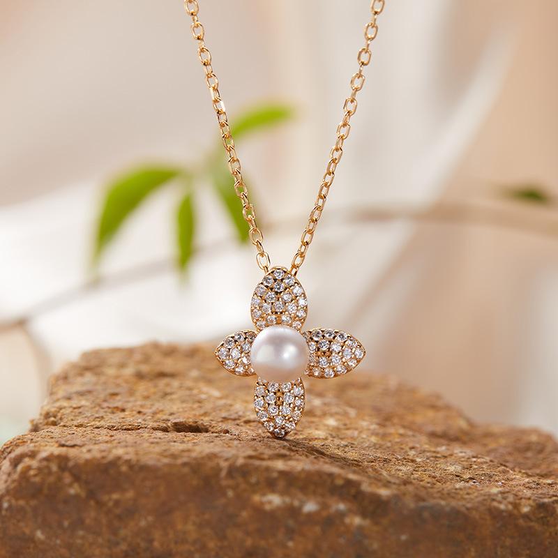 S925 Sterling Silver Natural Colored Treasure Necklace Flower Pendant Women'S Japan And Korea Small Fresh Set Simple And Sweet Collarbone Chain