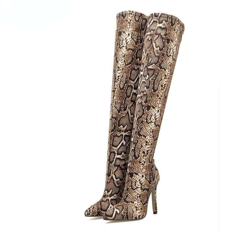 Fashion Women Shoe High-quality Leopard Grain Serpentine Long Boots Women High Heels Pointed Toe Sexy Boot Thigh High Over-the-Knee Boot