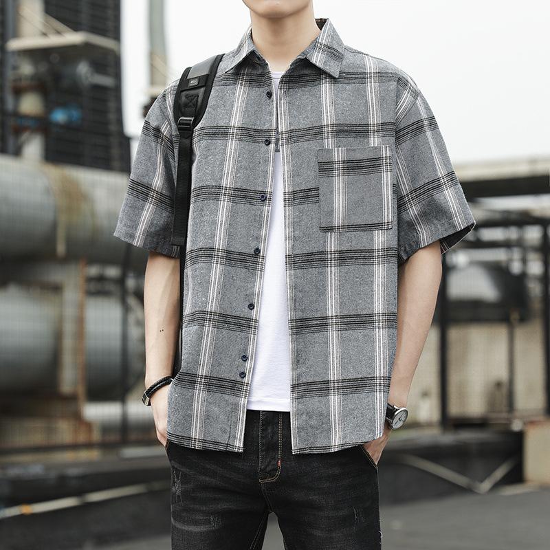 Summer Port Style Loose Lapel Men's Checkered Short-sleeved Shirt Fashion Brand Youth Casual Shirt Men's Cardigan Trend