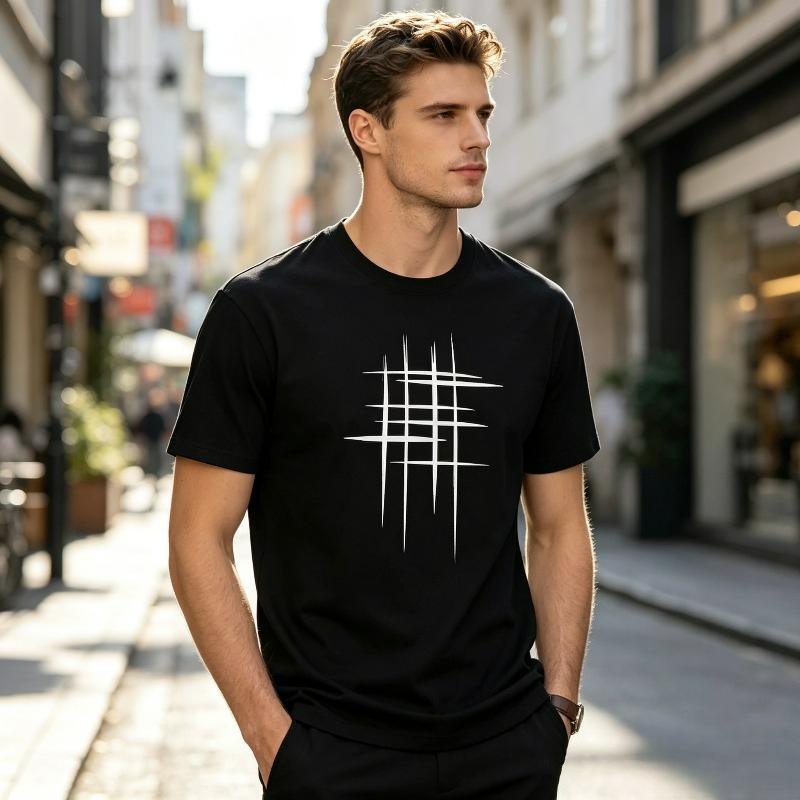 Minimal Abstract Grid Tshirt For Unisex Black Line Geometric Print Casual Streetwear Basic Tee