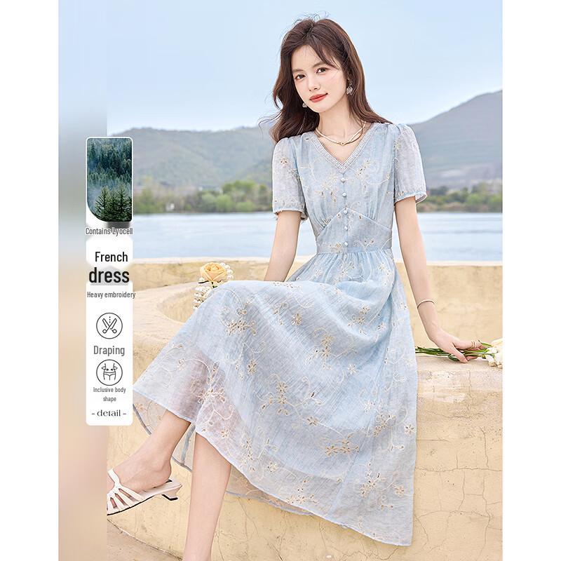 French Embroidered Short Sleeve Midi Dress M