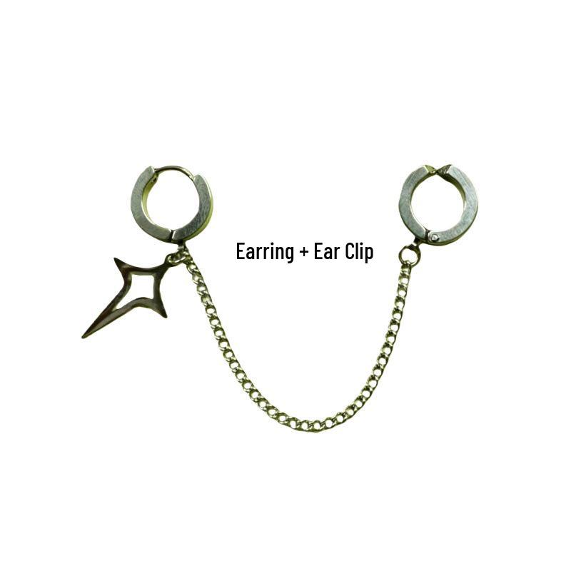 Boys' Star Ear Cuff: Stylish No-Piercing Black Chain with Four-Pointed Star Design, Cool Earring for Women.