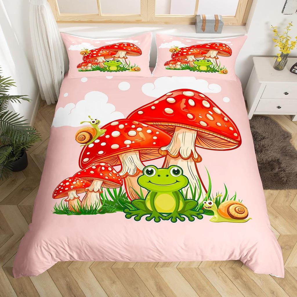 Cartoon Mushroom Frog Duvet Cover Twin Size,Cute Kawaii Green Animal Comforter Cover Maple Leaves Hazelnut Plant Quilt Cover