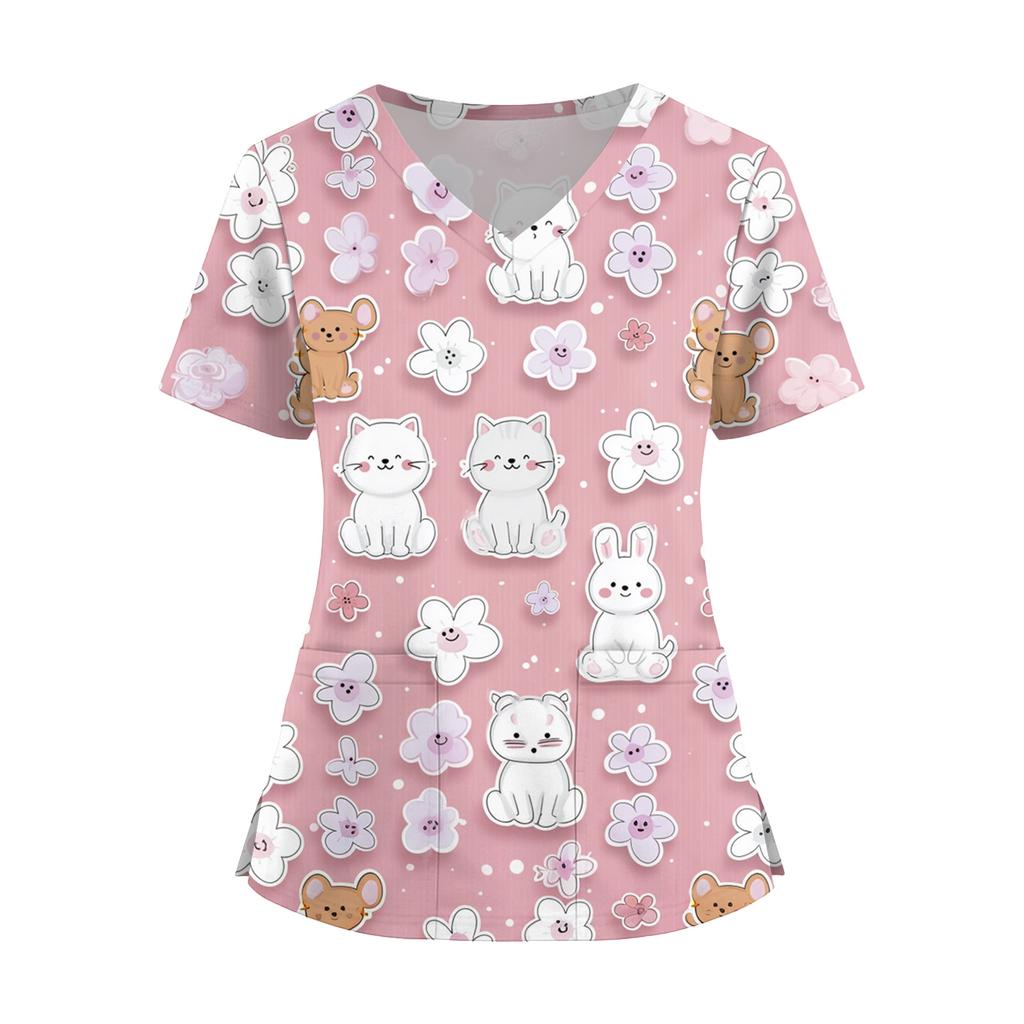 Women's Fashion V-Neck Short Sleeve Overalls With Pockets  Print Tops  Clothes