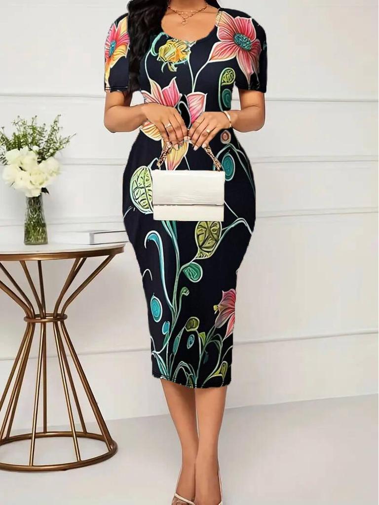 2026 Spring/Summer Women's Elegant Plus Size Printed Short Sleeve Dress - European & American Style
