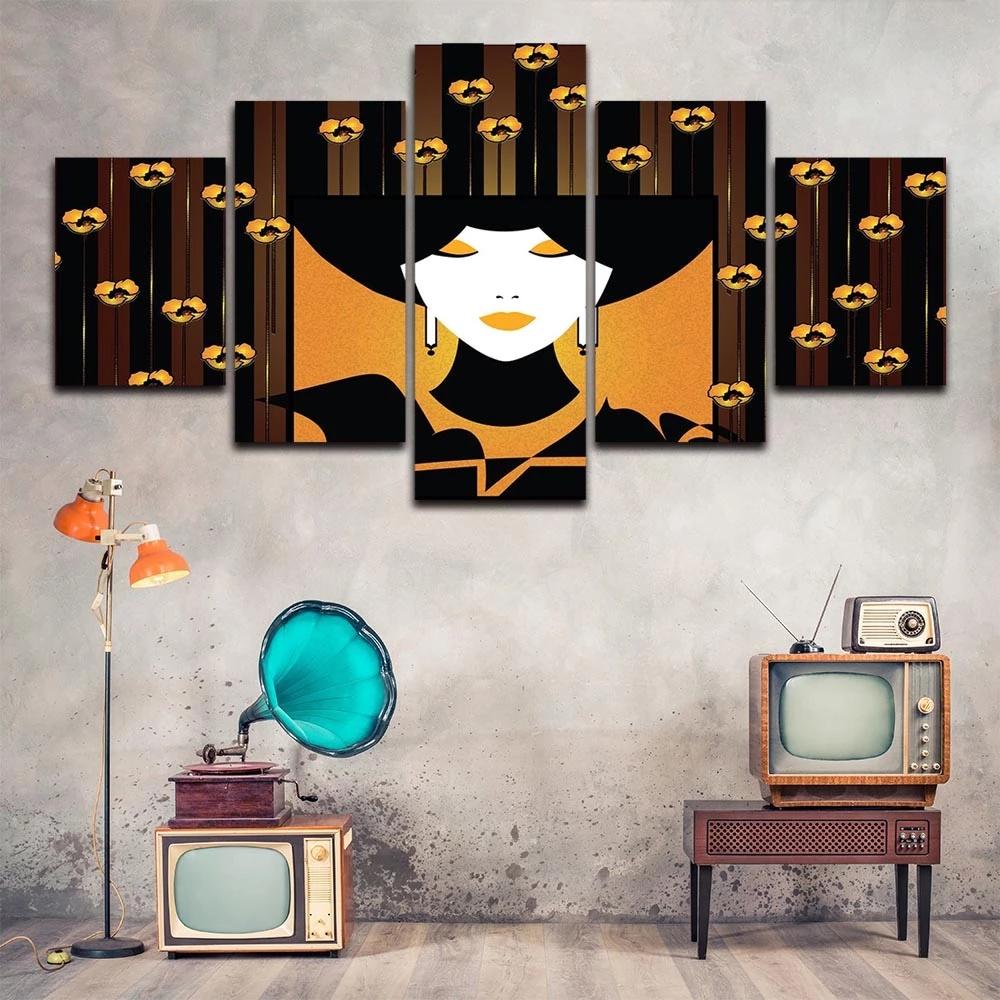 Contemporary Picture Frame Modular 5 Pieces Woman Face Abstract Art Poster Modern Wall Canvas Painting Prints Bedroom Home Decor