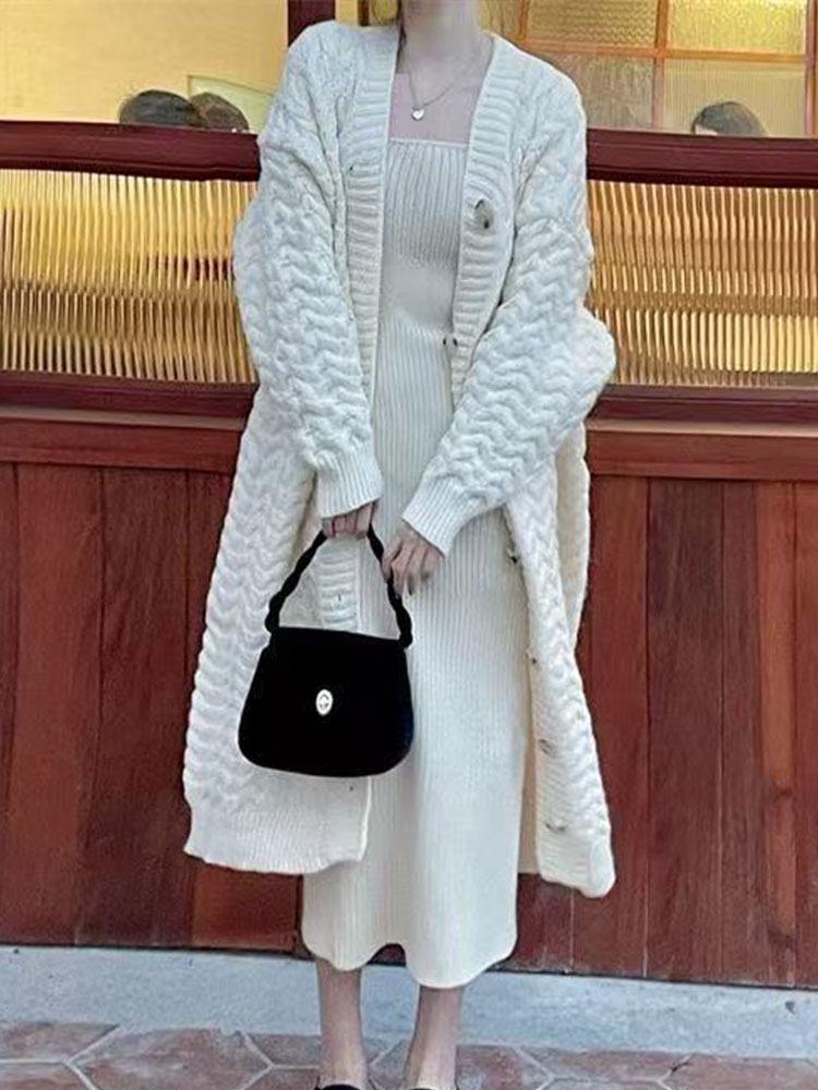 2025 Korean Style Plus Size Women's Long Wool Cardigan - Autumn/Winter, Long Sleeve, Mid-Length.