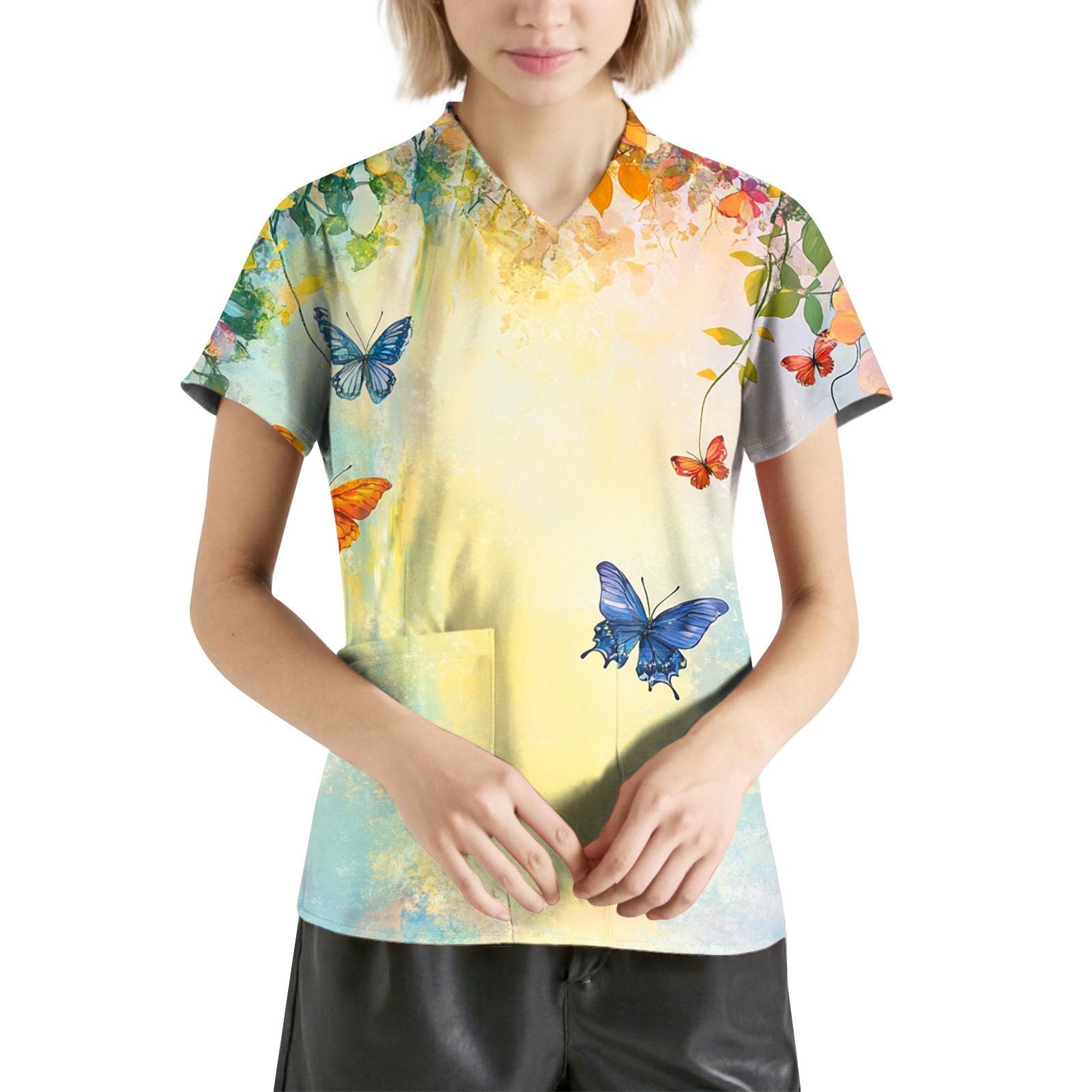 

Женская мода с v-образным вырезом, короткими рукавами и карманами, топы с принтом XXXL жёлтый