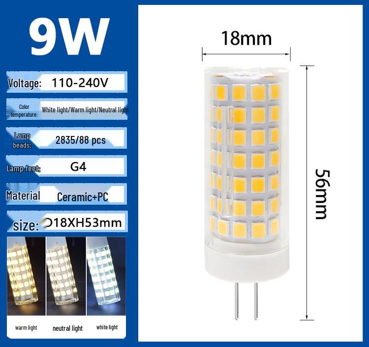 G9 LED G4 Pin Bulb, High Brightness, Energy-Saving, Flicker-Free, 220V Ceramic Tricolor Corn Light.