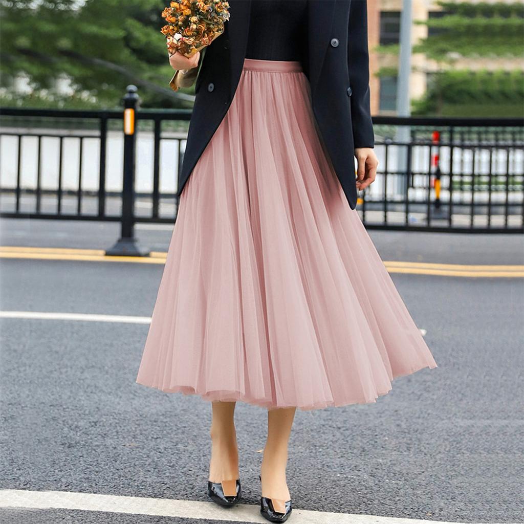 Women's Fashionable Color Loose Mesh Skirt, Elastic High Waist Large Swing Skirt, Pleated Skirt