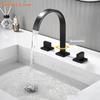 Basin Type Faucet Brass Polished Black Deck Installation Square Bathroom Sink Faucet Three Hole Dual Handle Cold and Hot Faucet