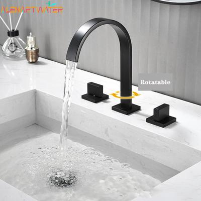 Grifo para Lavabo Tipo Fregadero Latón Pulido Negro Instalación en Cubierta Cuadrado Grifo para Lavabo de Baño Tres Agujeros Doble Manija Grifo Frío y Caliente