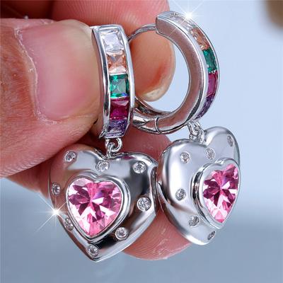 Charm Female Rainbow Pink Zircon Stone Hoop Earrings Silver Color Simple Heart Wedding  For Women