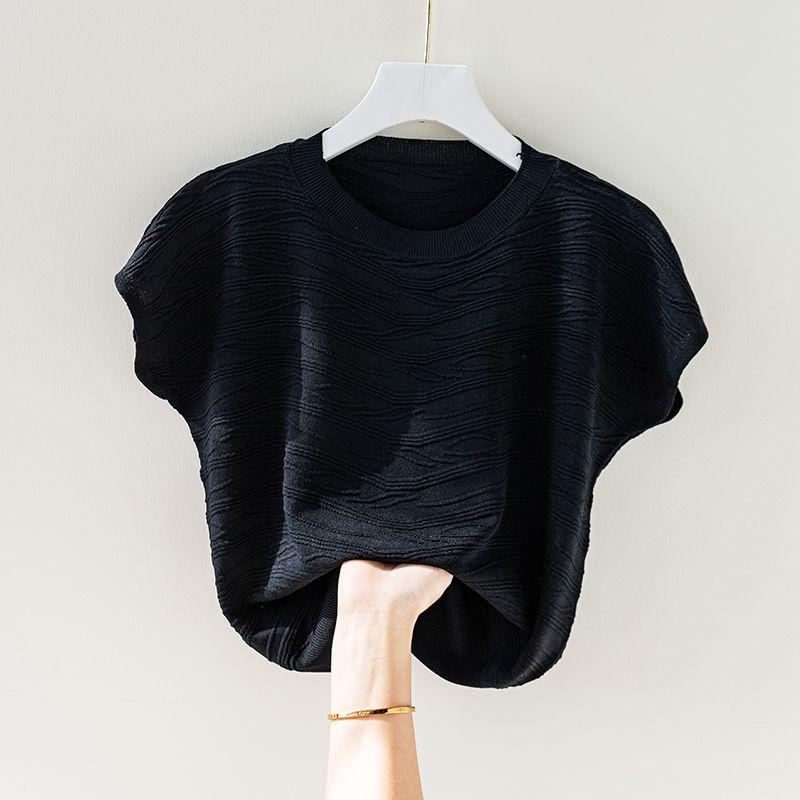 Top de Verão Seda Gelo Camiseta Feminina Manga Curta Solta Grande Manga Morcego Camisa Tricotada