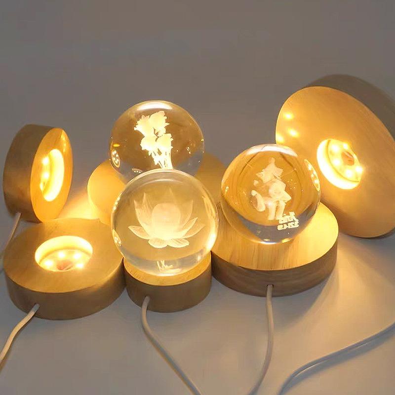 USB-Powered Wood Night Lights Base Circular Design Decorative Luminous Stand for LED Lights Resin Display Home LED Lamp Base