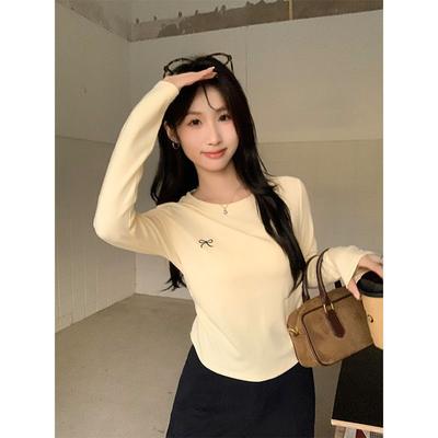 Spring and Autumn Cotton Round Neck T-shirt Front Shoulder Fur-Woven Inner Base Shirt Women's Slim Waist-Close Bow Embroidered Short Top