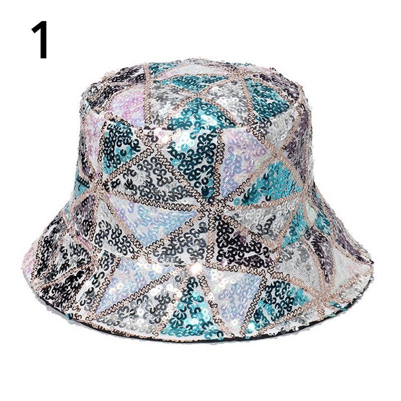 Women Bucket Hat Fishing Cap Sequin Hip-hop Festival Glitter Bling Wide Brim