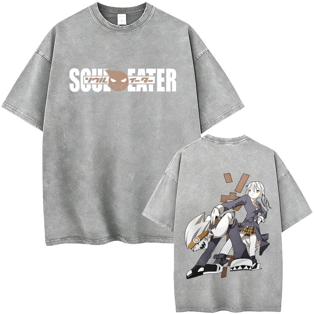 Washed Vintage Anime Soul Eater Maka Albarn Soul Evans Graphic Tshirt Mens Retro Manga T Shirts Men Cotton Oversized Tshirts