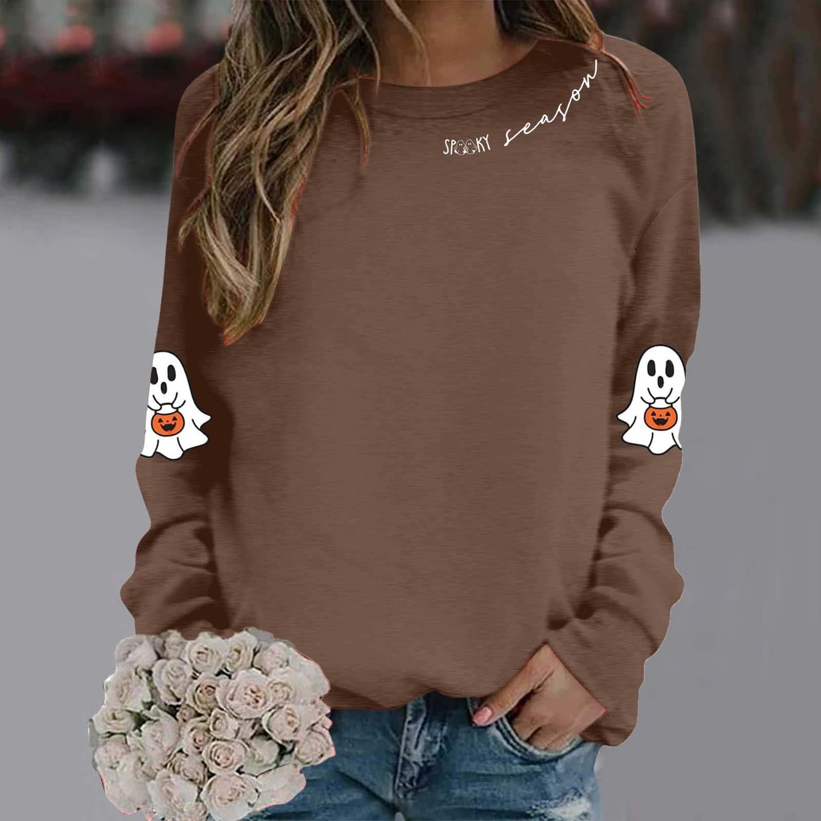 

Women s Fashion Casual Round Neck Long Sleeve Print T-shirt Top(Spooky Season) S
