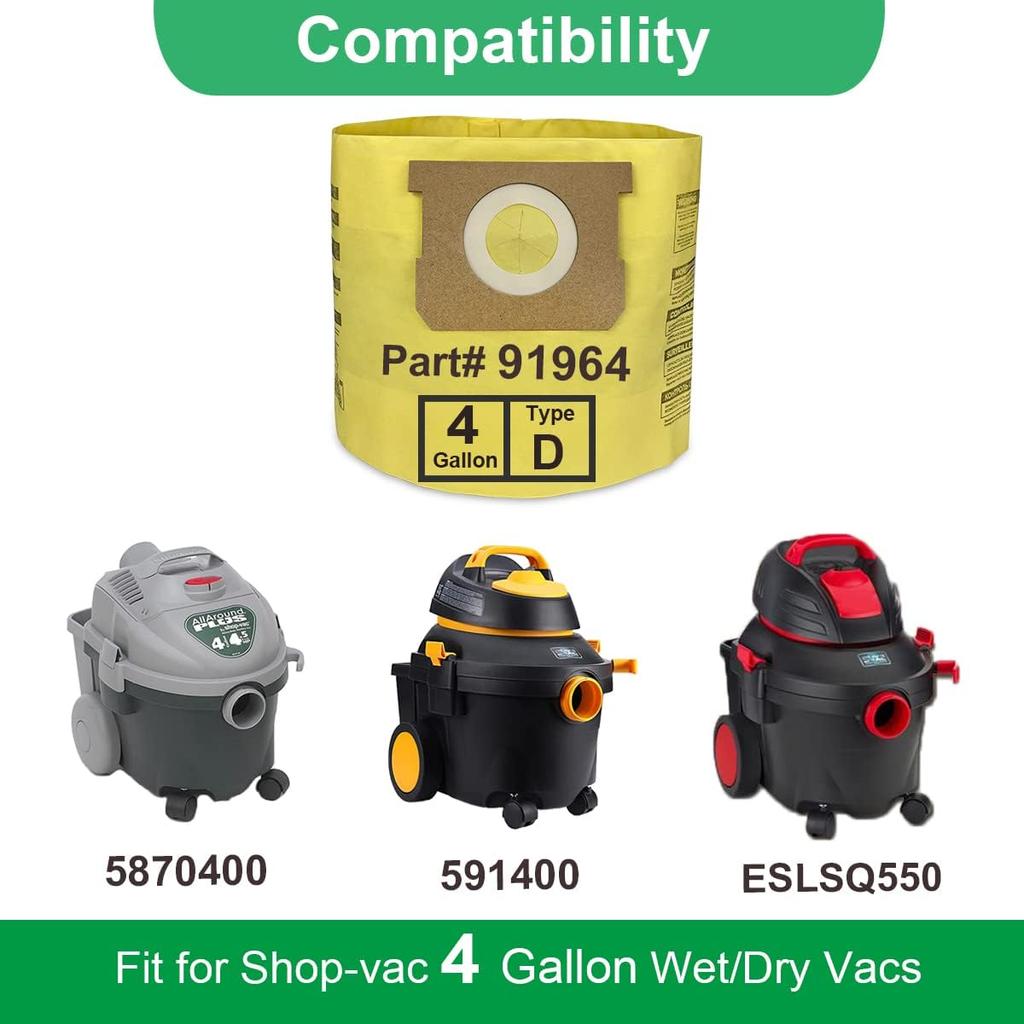 5 Pack 91964 Type D Vacuum Filter Bags Compatible with Shop-Vac 4 Gallon Vacuum, Replacement 9196400 9196433 High Efficiency Dust Collection Bag
