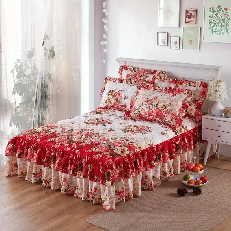 

1PC Bedding Bed Skirt with 2pcs Pillowcases Floral Wedding Bedspread Bed Sheet Mattress Cover Full Twin Queen King Size Bedsheet 3PCS 120x200cm