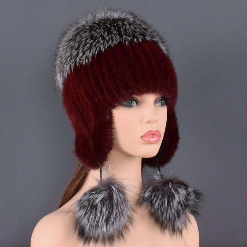 Natural Fur Hat For Women Real Mink Fur and Fox Fur Handmade Winter Female Cap Genuine Fur Lined Beanies Big Fox Fur Pompom Hats