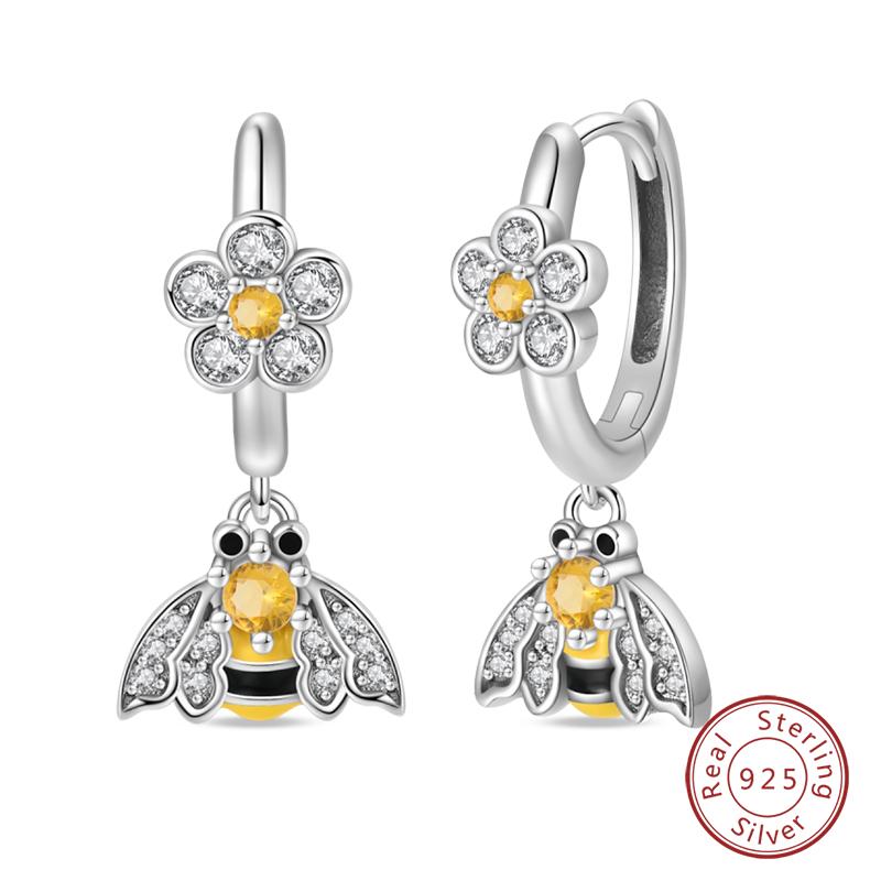 New 925 Silver Bee Butterfly Pink Lily Lotus Earrings For Women Cherry Apple Strawberry Ear Studs Elegant Party Jewelry