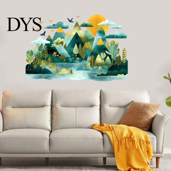 Modern Nature Wall Murals 2Pcs Watercolor Mountain Sticker, Peel And Stick Landscape Decal, PVC Waterproof Scenery Removable Forest Mural, art