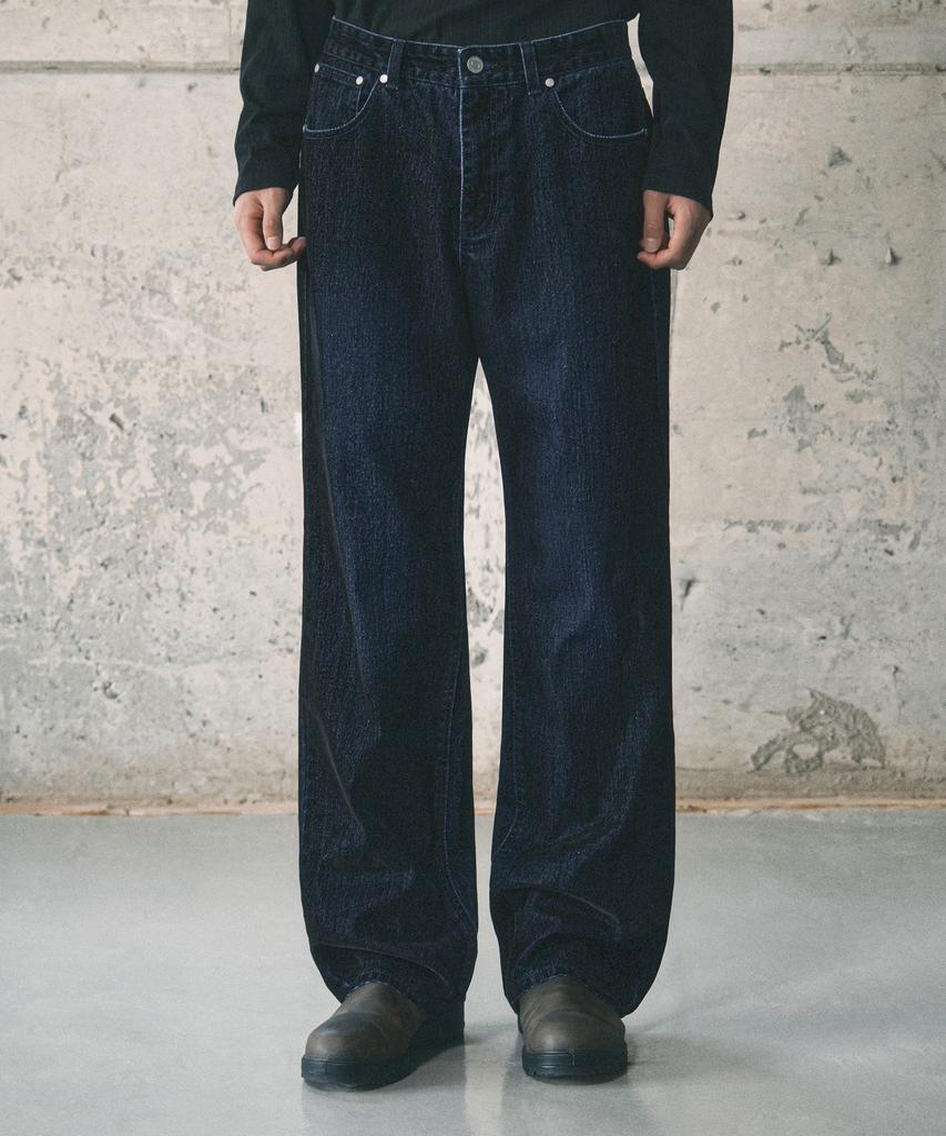 Sekeonmonollogeu Semi-Wide Velvet Texture Two-Tone Denim Pants [Indigo]_Sept070Indigo