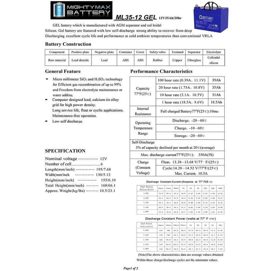 ML3512 GEL 12 Volt 35 AH GEL Type Battery with Nut and Bolt NB Terminals Rechargeable AGM Battery for Solar Energy Systems UPS
