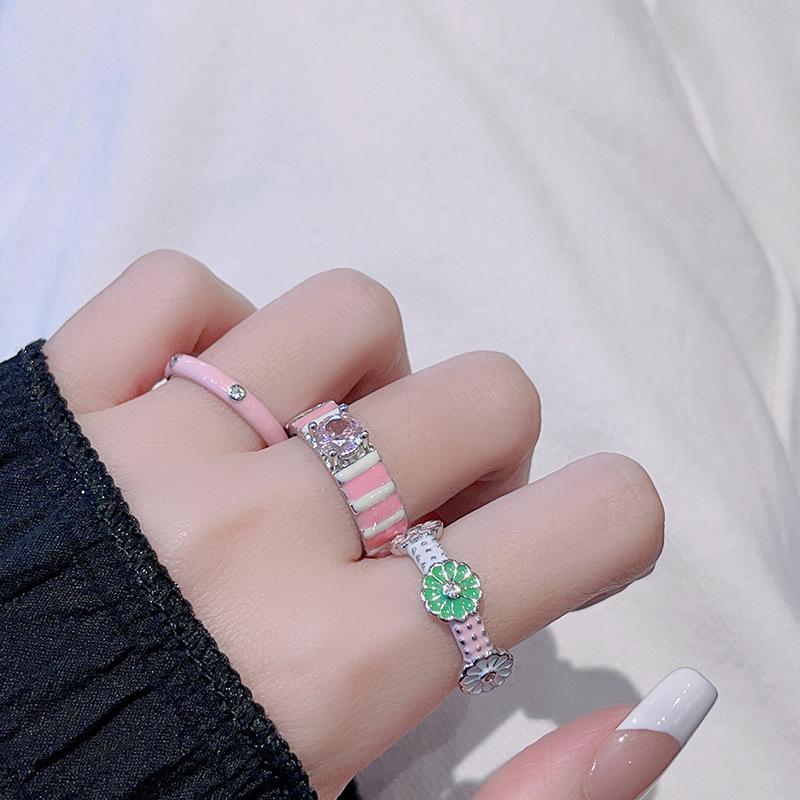 Pink Drop Oil Enamel Flower Opening Ring, High-End Ring, Niche Index Finger Ring Set, Stacked And Worn, Combination Ring Set