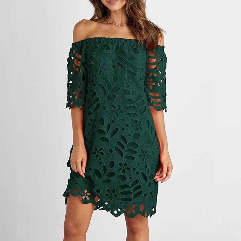 Spring and summer new European and American solid color lace medium sleeve commuter dress tube top fashion short skirt