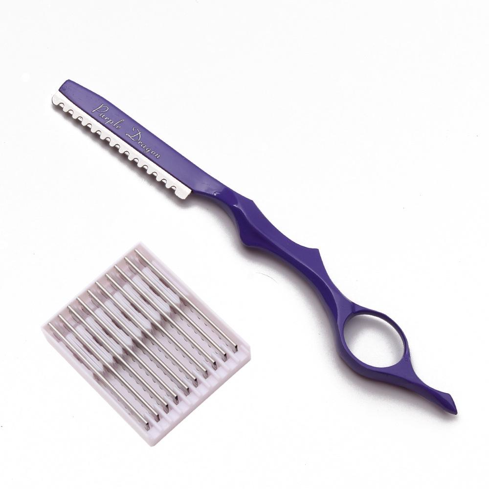 Purple Dragon Hair Razor Holder & 10 Blades - 8 Colors, Hairdressing Thinning Knife, Manual Scraper