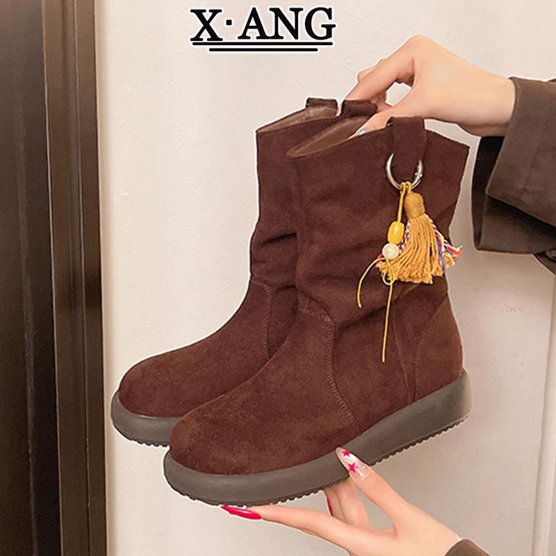 Maillard Brown Boots Women's Leather Short Boots Pleated Pile Boots Western Cowboy Boots Medium Martin Boots