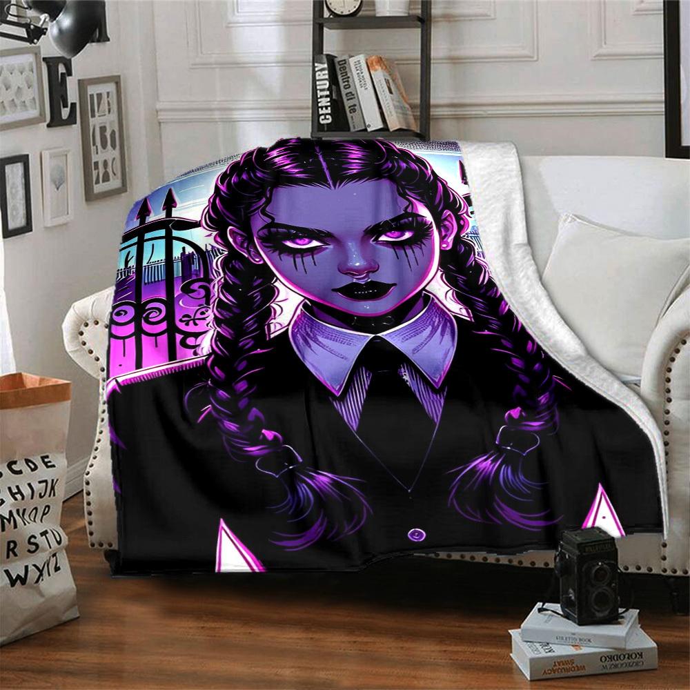 1pc Gothic, Wednesday Digital Printed Flannel Blanket, Super Soft Plush  Bed Cover, Multipurpose Quilt for Sofa, Bed, Office,02