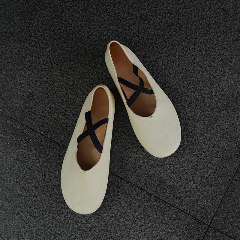 Cowhide version~ Genuine leather niche round head cross elastic band flat ballet shoes Mary Jane shoes women's autumn single shoes