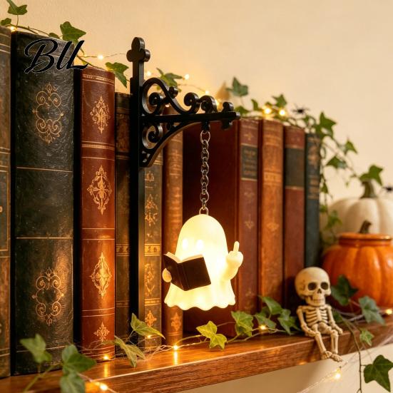 Halloween Party Decoration Library Lantern Bookshelf Lamp, Vintage Metal LED Nightlight for Book Nook Decor, Desktop Decorative Ornament Ghost Reading