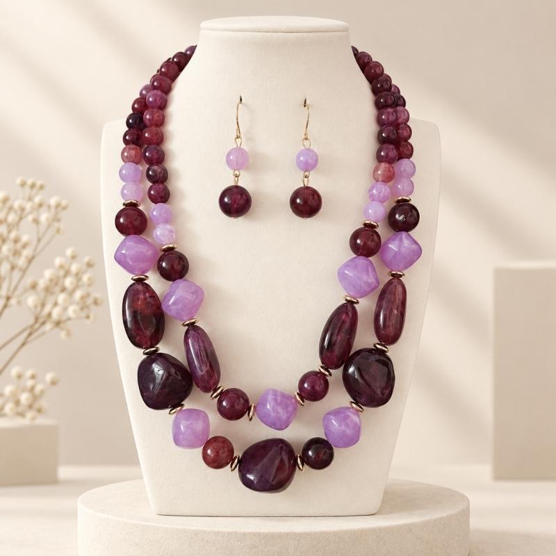 Beaded Necklace with Coordinated Drop Earrings, Double-Strand Layering, and Irregular Acrylic Beads Jewelry Set