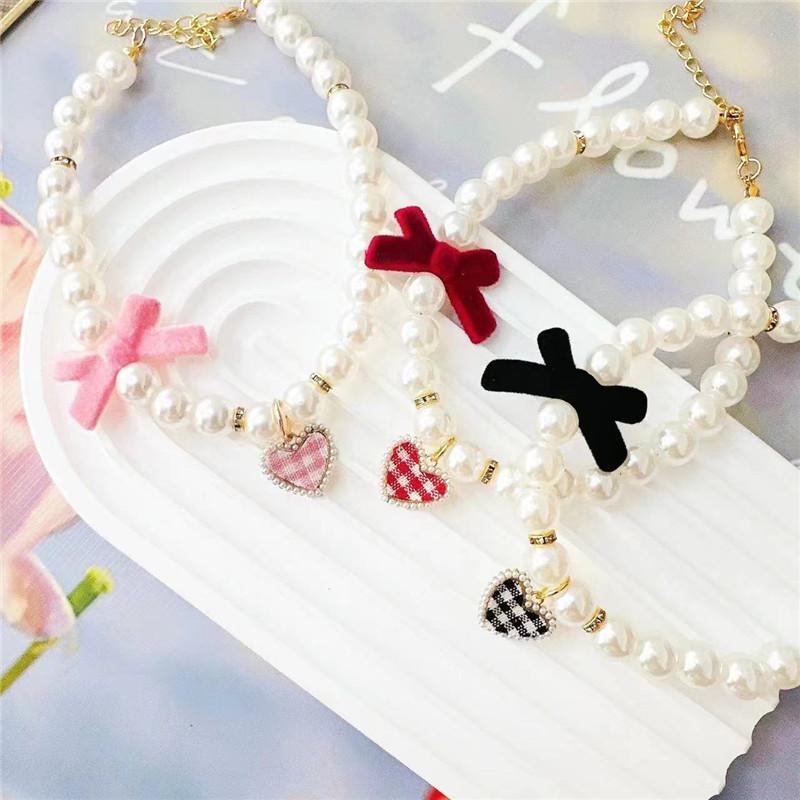 Pet Bow Pearl Collar Cat Jewelry Heart Pendant Necklace Dog Sweet Decorations Puppy Rhinestone Collar Chihuahua Accesorios