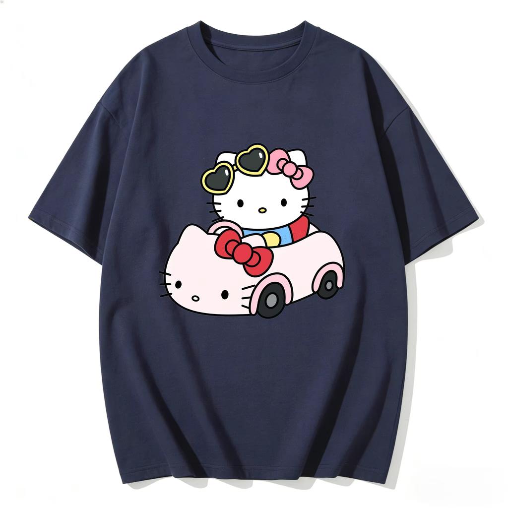 2026 New Summer HelloKitty Cute Graphic Tee Casual Short Sleeve Cotton Top for Women Girls Kawaii Cartoon Print Streetwear
